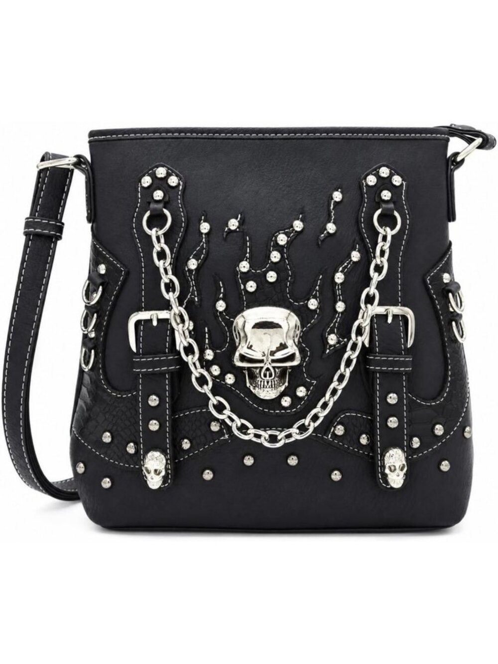 Gothic Sugar Skull Crossbody Bag with Rhinestone Studs - Stylish Shoulder Purse